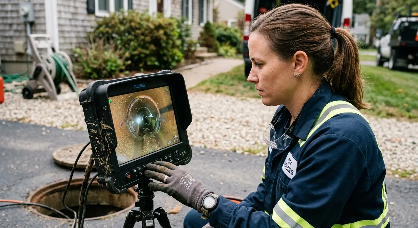 Technician reviewing sewer camera inspection footage in Dranesville