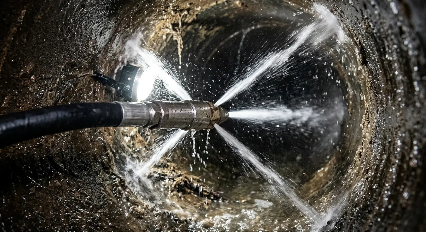 High-pressure hydro jetting nozzle cleaning sewer pipe for Storm Drain Cleaning in Dranesville