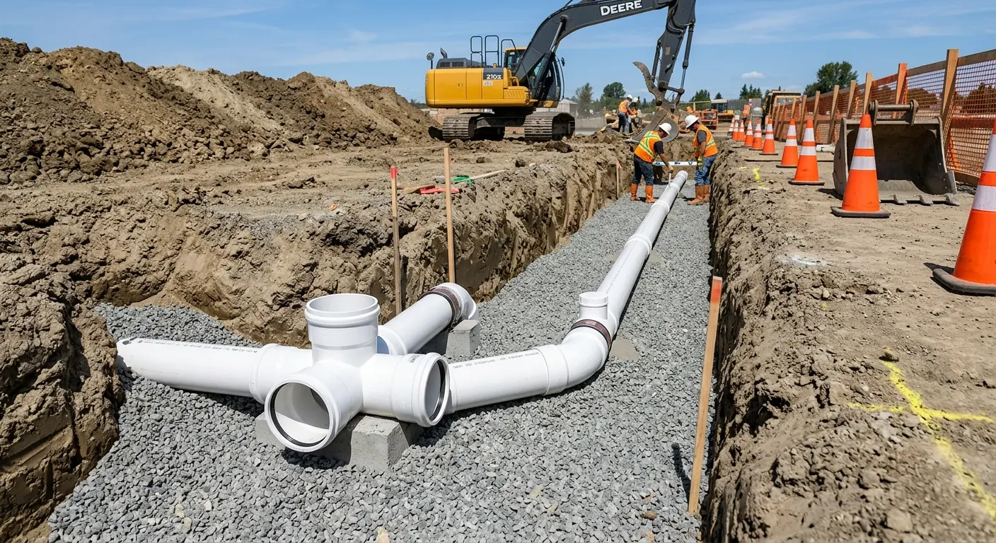 New PVC sewer pipe installation in open trench for Sewer Backup in Dranesville