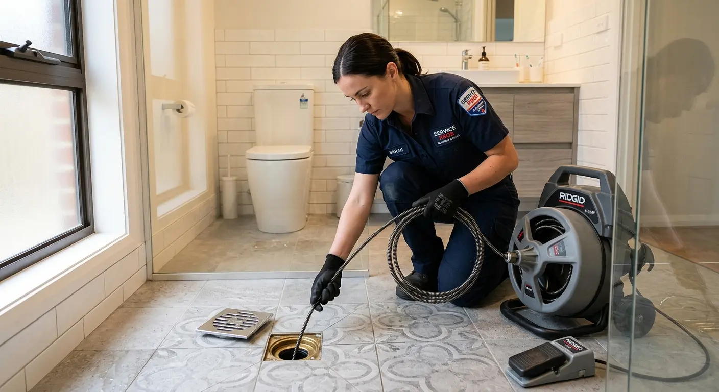 Technician clearing a bathroom floor drain for Drain Cleaning in Dranesville